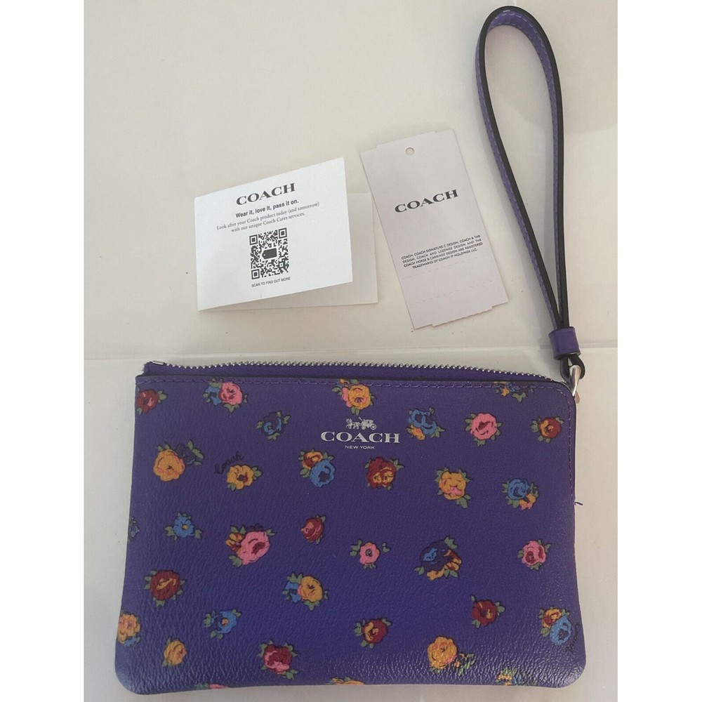 Coach Corner Zip Mini Vintage Rose Print Wristlet Pouch - SV/Sport Purple Multi